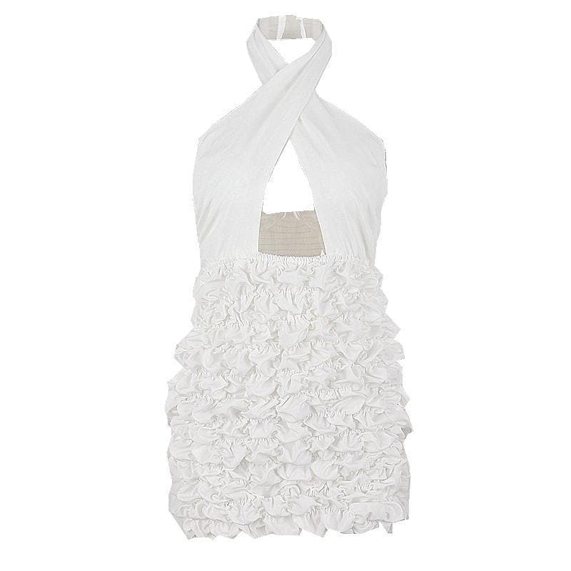 Crossover Halter Keyhole Cutout Tiered Ruffle Mini Dress