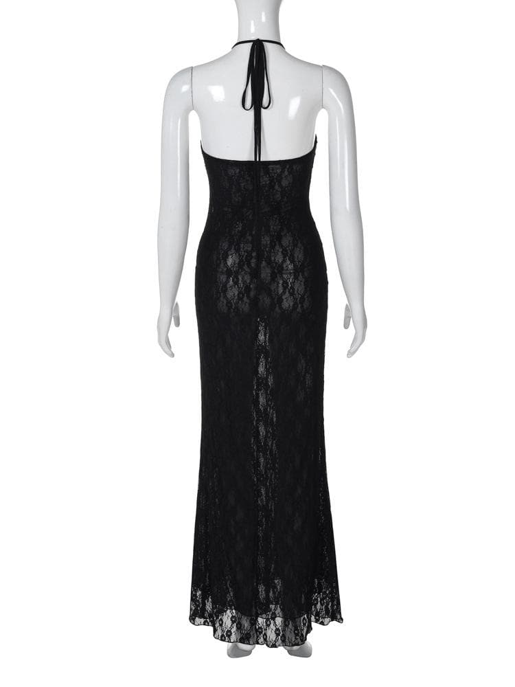 Halter backless ruffle lace maxi dress