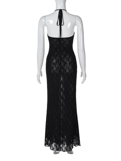 Halter backless ruffle lace maxi dress