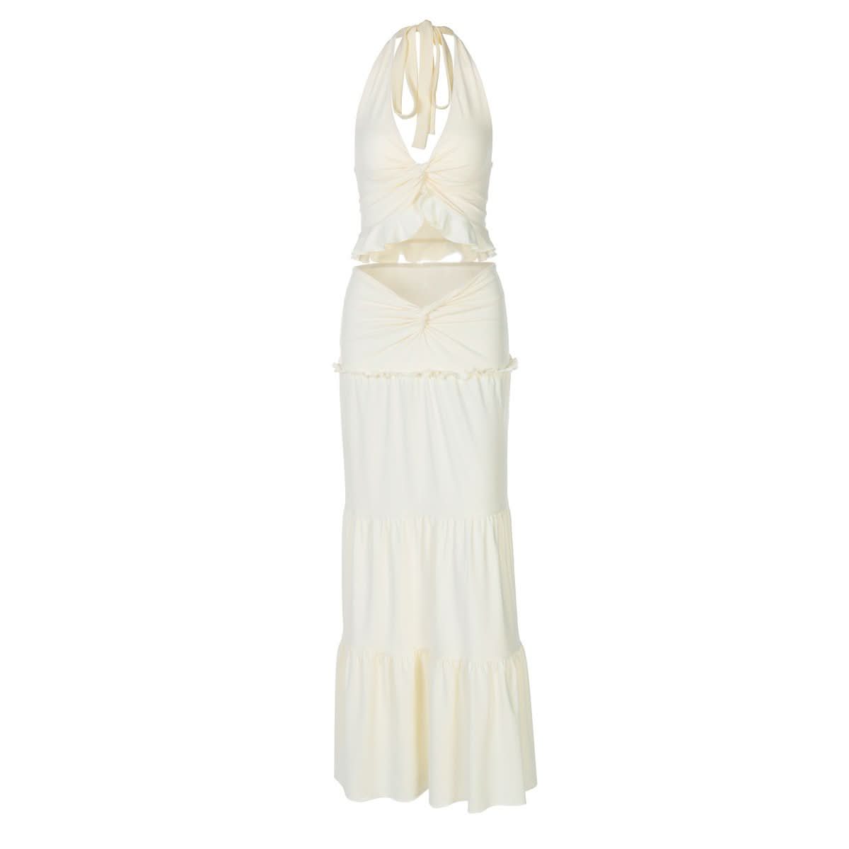 Halter v neck ruffle ruched maxi dress skirt set