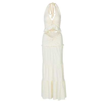 Halter v neck ruffle ruched maxi dress skirt set