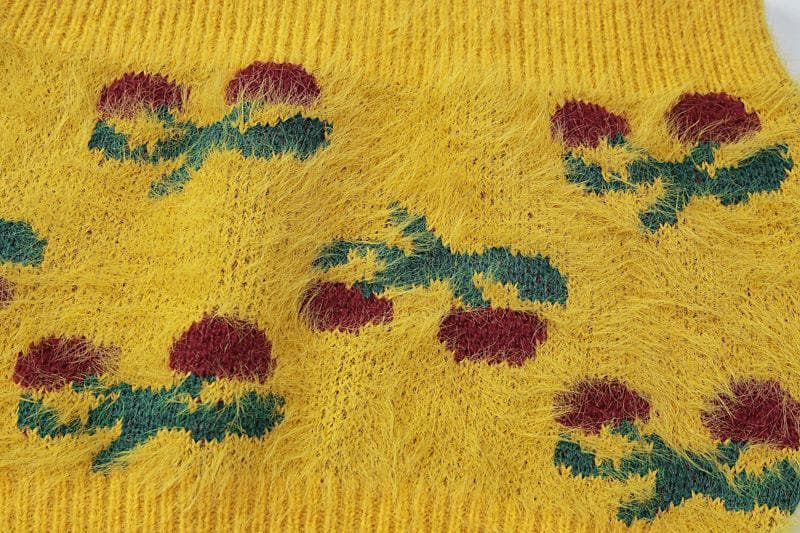 Knitted fluffy cherry print tube top