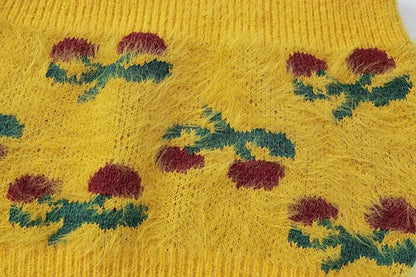 Knitted fluffy cherry print tube top