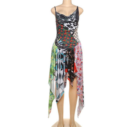 Cowl neck patchwork irregular midi dress