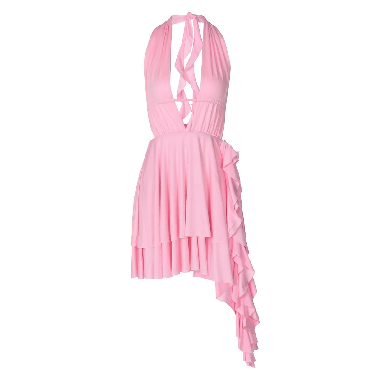 Halter low cut ruffle ruched mini dress