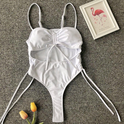 Hollow out drawstring one piece swimwear