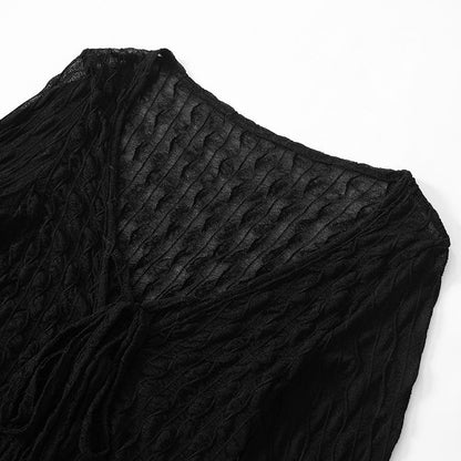 Self tie see through long flared sleeve textured crop top
