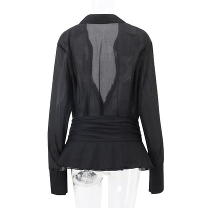 Button turnover collar long sleeve solid mini skirt set