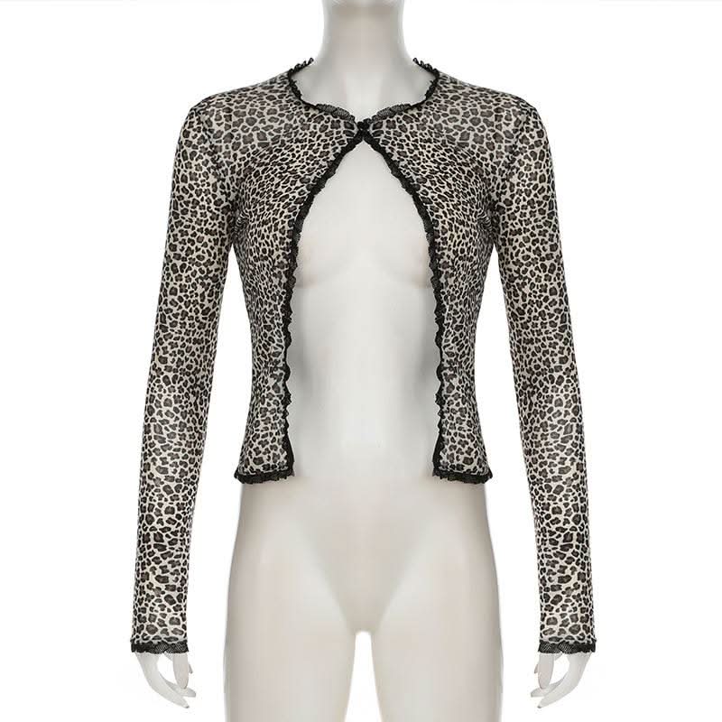 Leopard print long sleeve mesh crop top