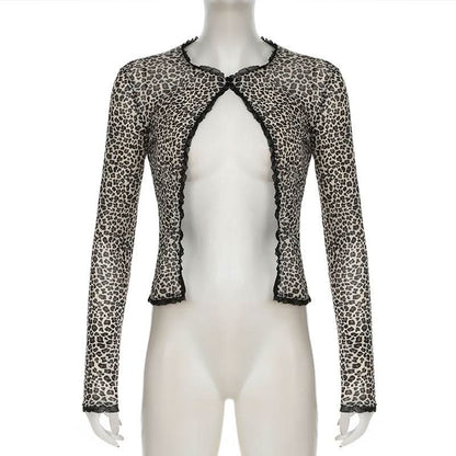 Leopard print long sleeve mesh crop top
