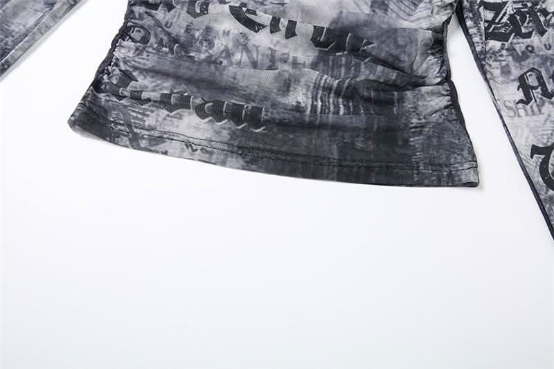 Cowl neck long sleeve mesh abstract print top