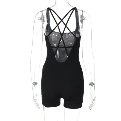 U neck cross back solid romper