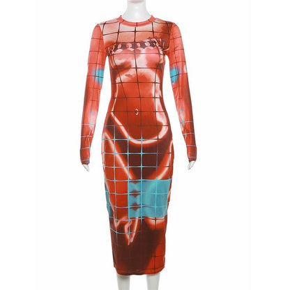 Long Sleeve Crewneck Grid Body Print Color Block Bodycon Maxi Dress
