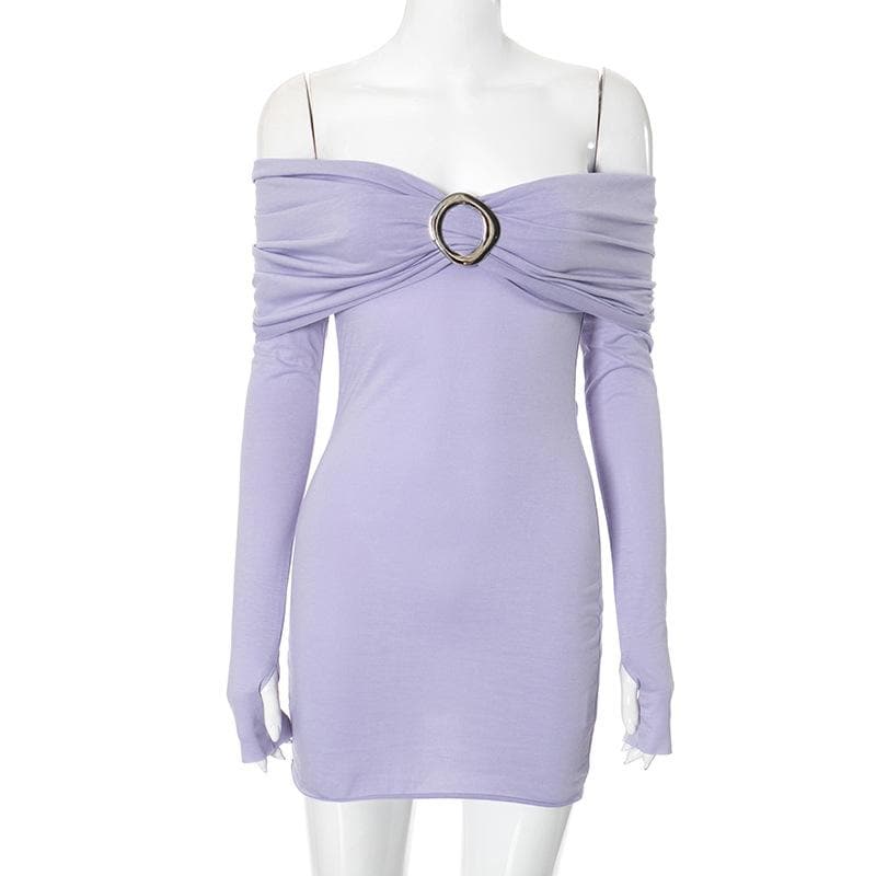 Long sleeve off shoulder buckle ruched mini dress