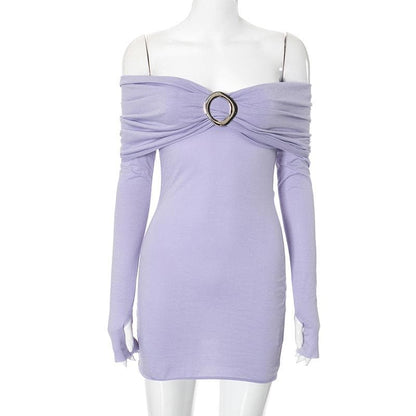 Long sleeve off shoulder buckle ruched mini dress