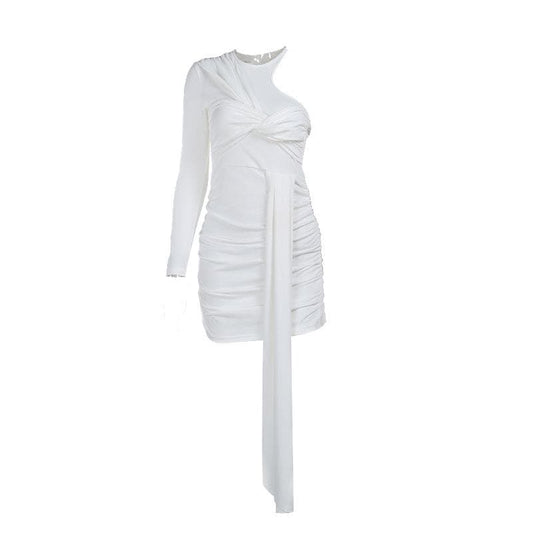 Knotted solid one shoulder ruched irregular mini dress