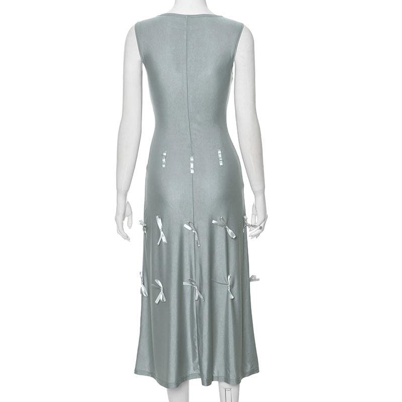 Sleeve bowknot solid midi 2-way dress