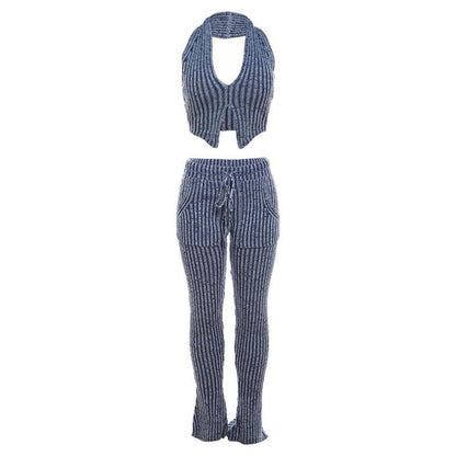 Textured striped contrast halter slit pocket v neck pant set