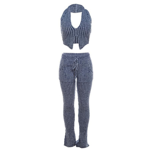 Textured striped contrast halter slit pocket v neck pant set