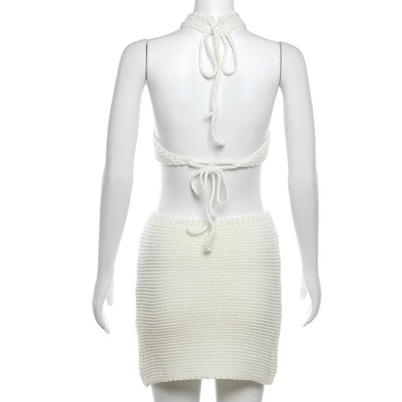 Halter self tie knitted backless mini skirt set