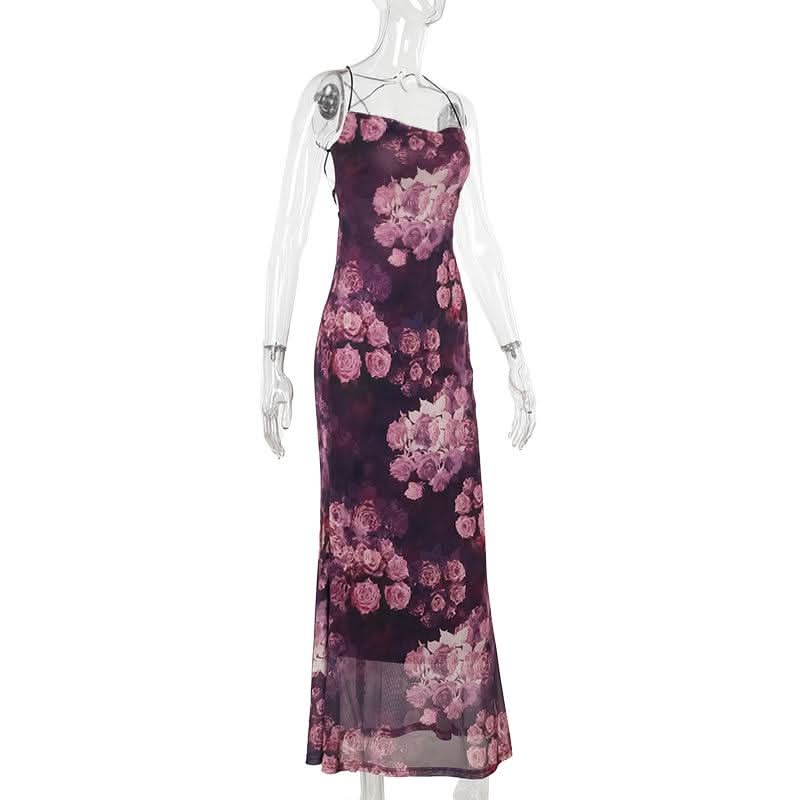 Cross back square neck flower print spaghetti strap maxi dress