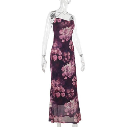 Cross back square neck flower print spaghetti strap maxi dress