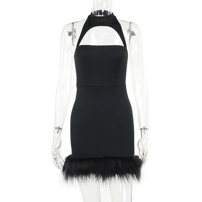 Hollow out halter fluffy backless button solid cut out mini dress
