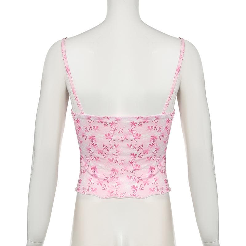 V neck bowknot lace hem ruffle print cami top