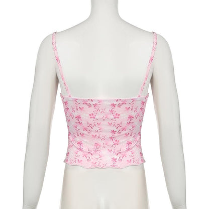 V neck bowknot lace hem ruffle print cami top