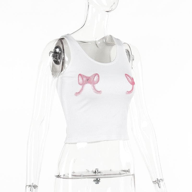 Bowknot pattern ribbed u neck contrast tank top
