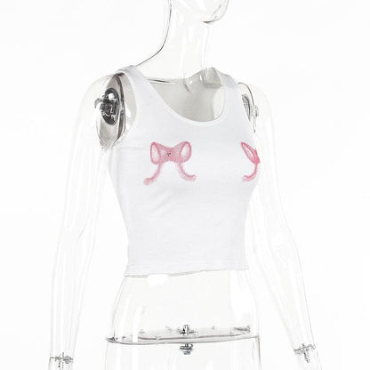 Bowknot pattern ribbed u neck contrast tank top