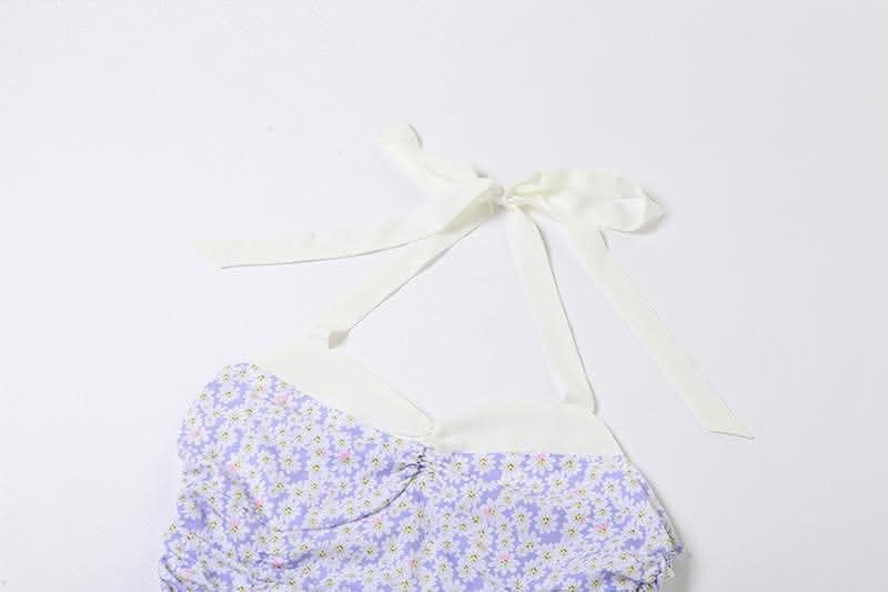 Flower print contrast ruched ruffle halter backless zip-up mini dress-final-sale