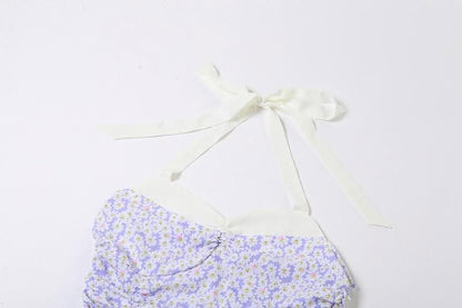 Flower print contrast ruched ruffle halter backless zip-up mini dress-final-sale