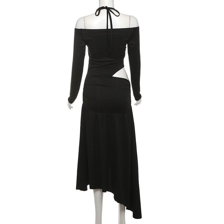 Halter long sleeve off shoulder hollow out cut out maxi dress