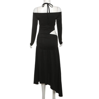 Halter long sleeve off shoulder hollow out cut out maxi dress