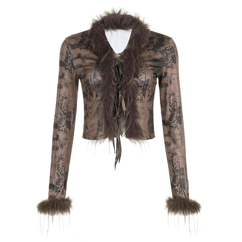 Feather patchwork long sleeve contrast self tie top
