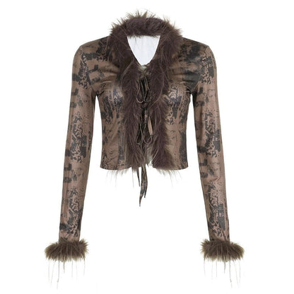 Feather patchwork long sleeve contrast self tie top