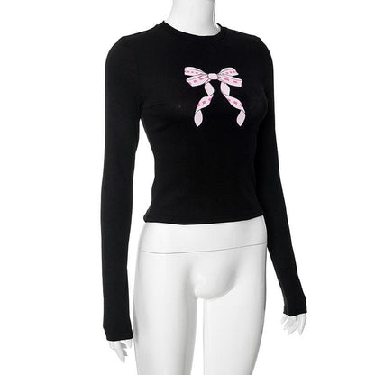 Bowknot pattern contrast crewneck long sleeve top