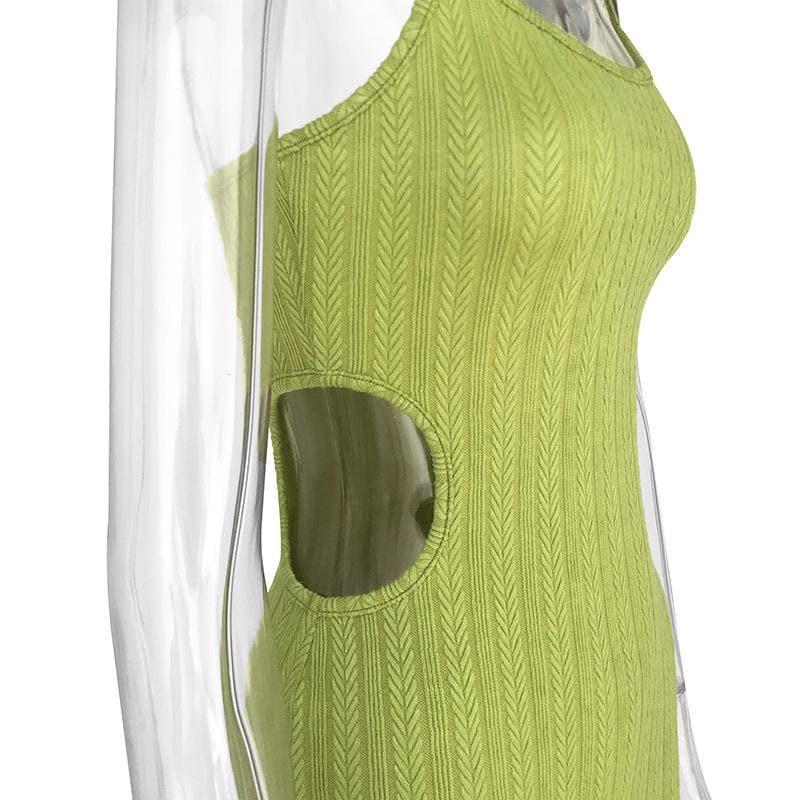Scoop Neck Spaghetti Strap Textured Rib Knit Waist Cutout Bodycon Midi Dress