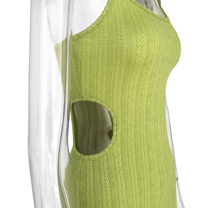 Scoop Neck Spaghetti Strap Textured Rib Knit Waist Cutout Bodycon Midi Dress