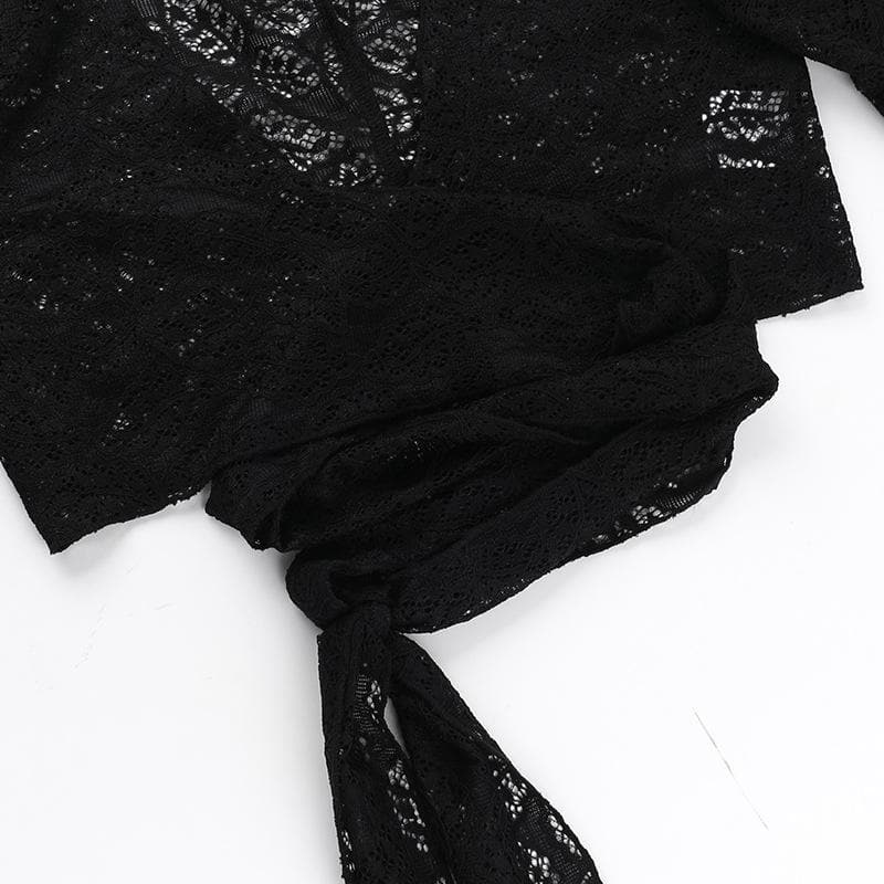 Flared sleeve v neck lace knotted top