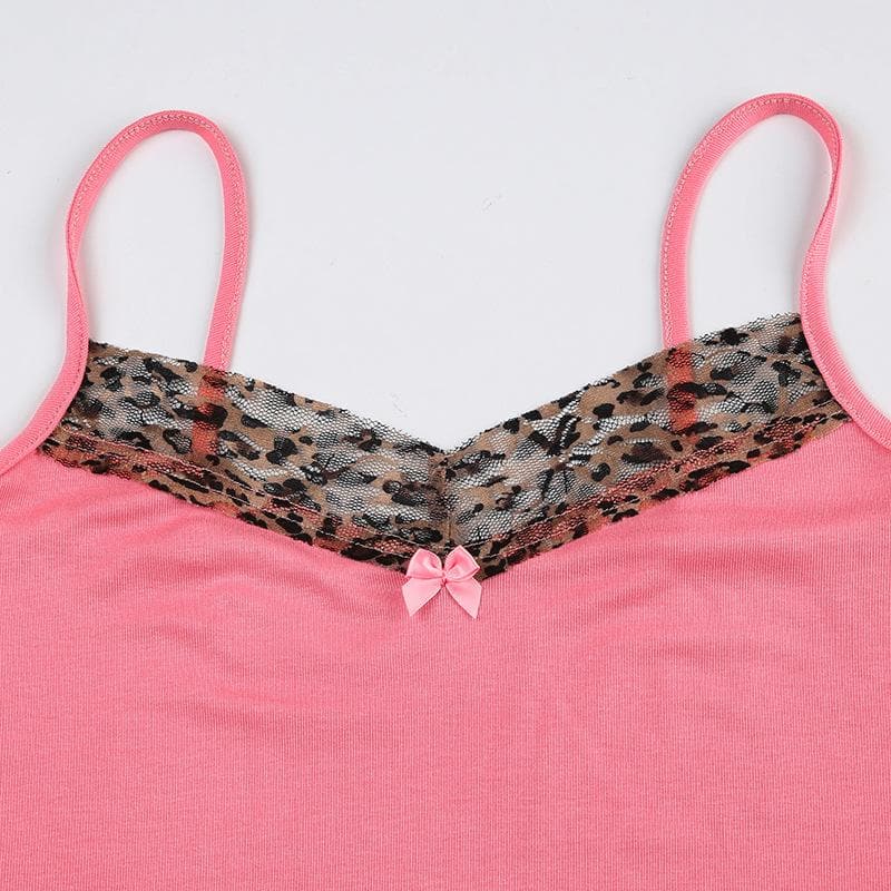 Lace hem bowknot backless contrast cami top