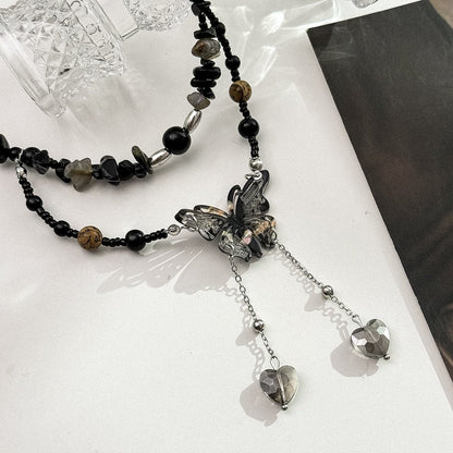 Butterfly decor layered beaded choker necklace