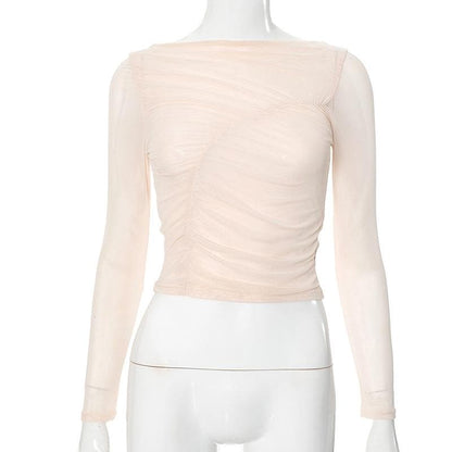 Long sleeve sheer mesh off shoulder ruched crop top