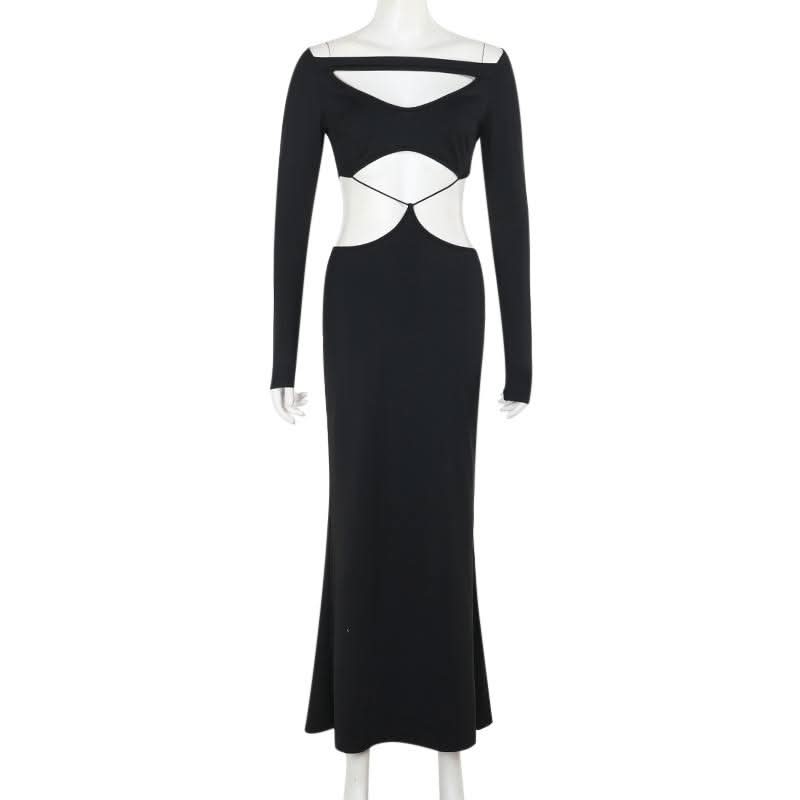 Long sleeve hollow out solid cut out maxi dress