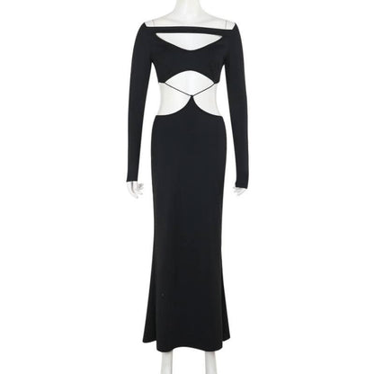 Long sleeve hollow out solid cut out maxi dress