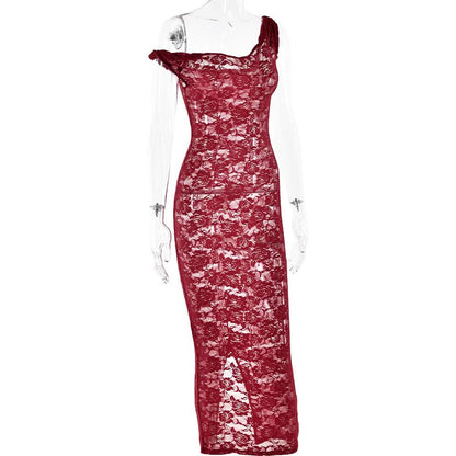 Irregular lace slit see through solid midi dress