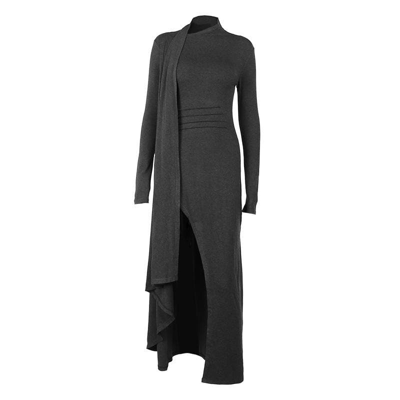 Long sleeve slit high neck solid maxi dress