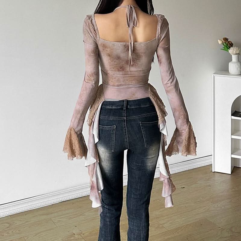 Long sleeve v neck hollow out lace hem halter cut out top