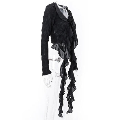 Textured long sleeve ruffle self tie solid crop top